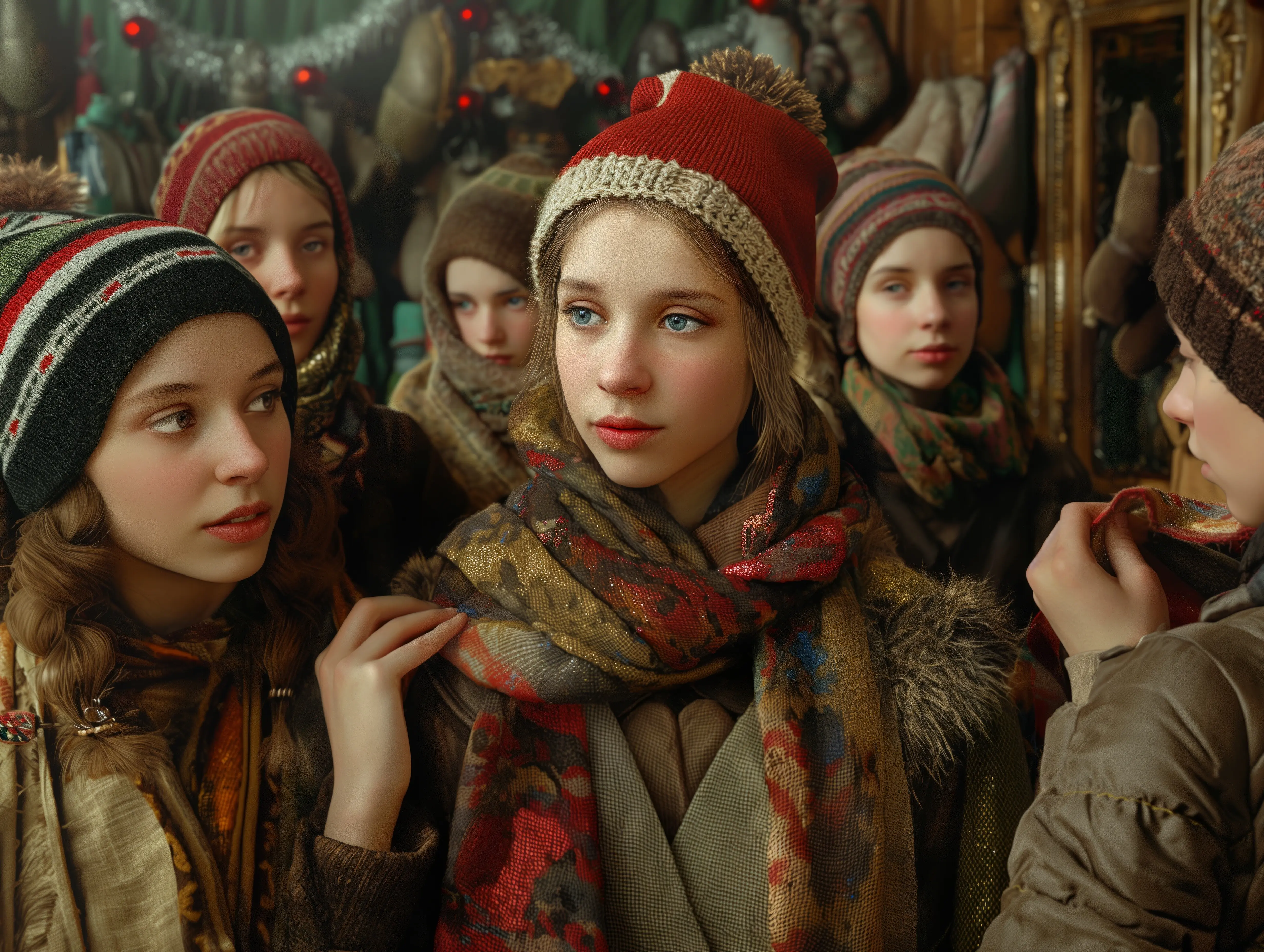 Eine Gruppe junger Mädchen steht zusammen und trägt rote Hüte und Schals.