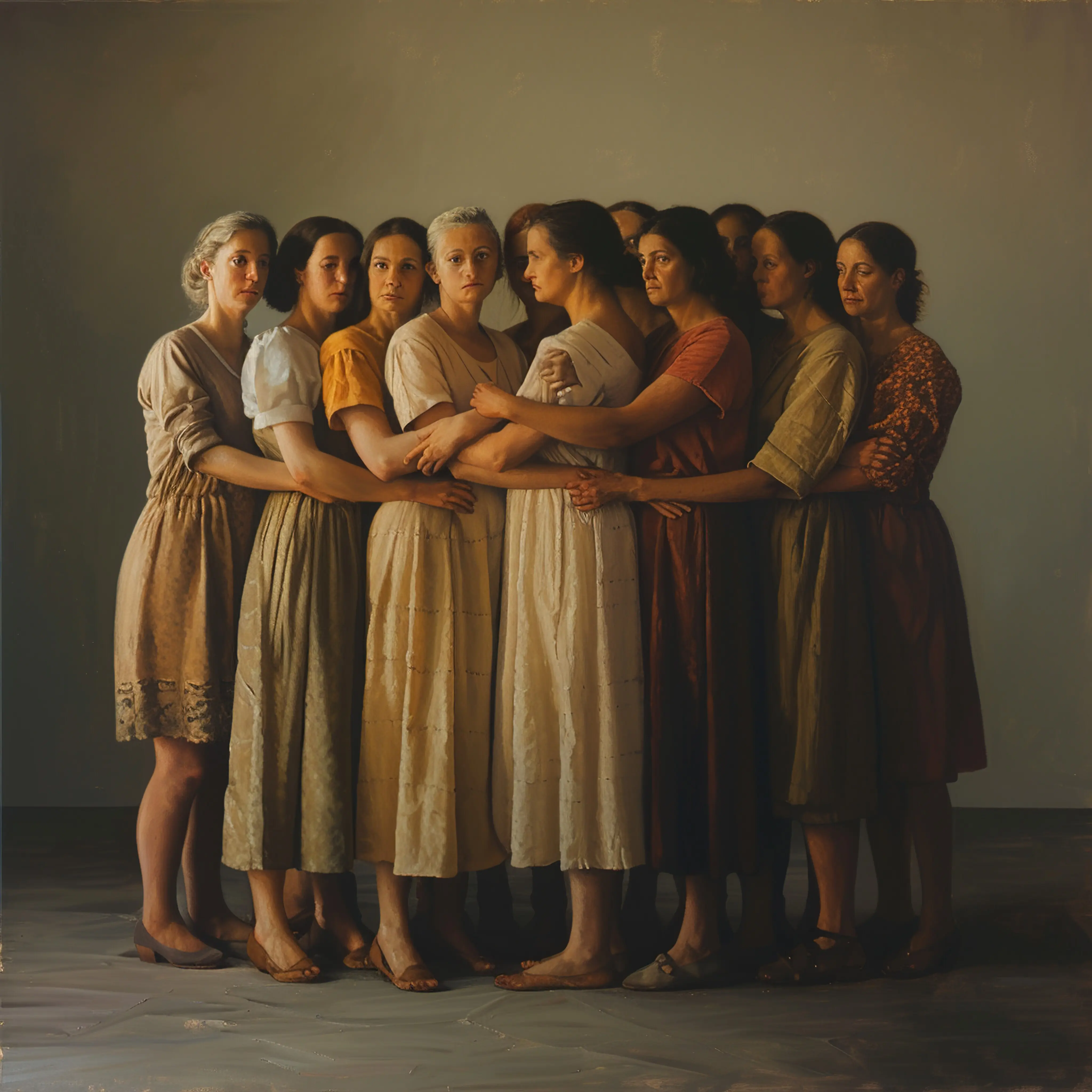 Eine Gruppe von Frauen posiert für ein Foto, wobei eine ein Schild hält, auf dem das Wort steht.