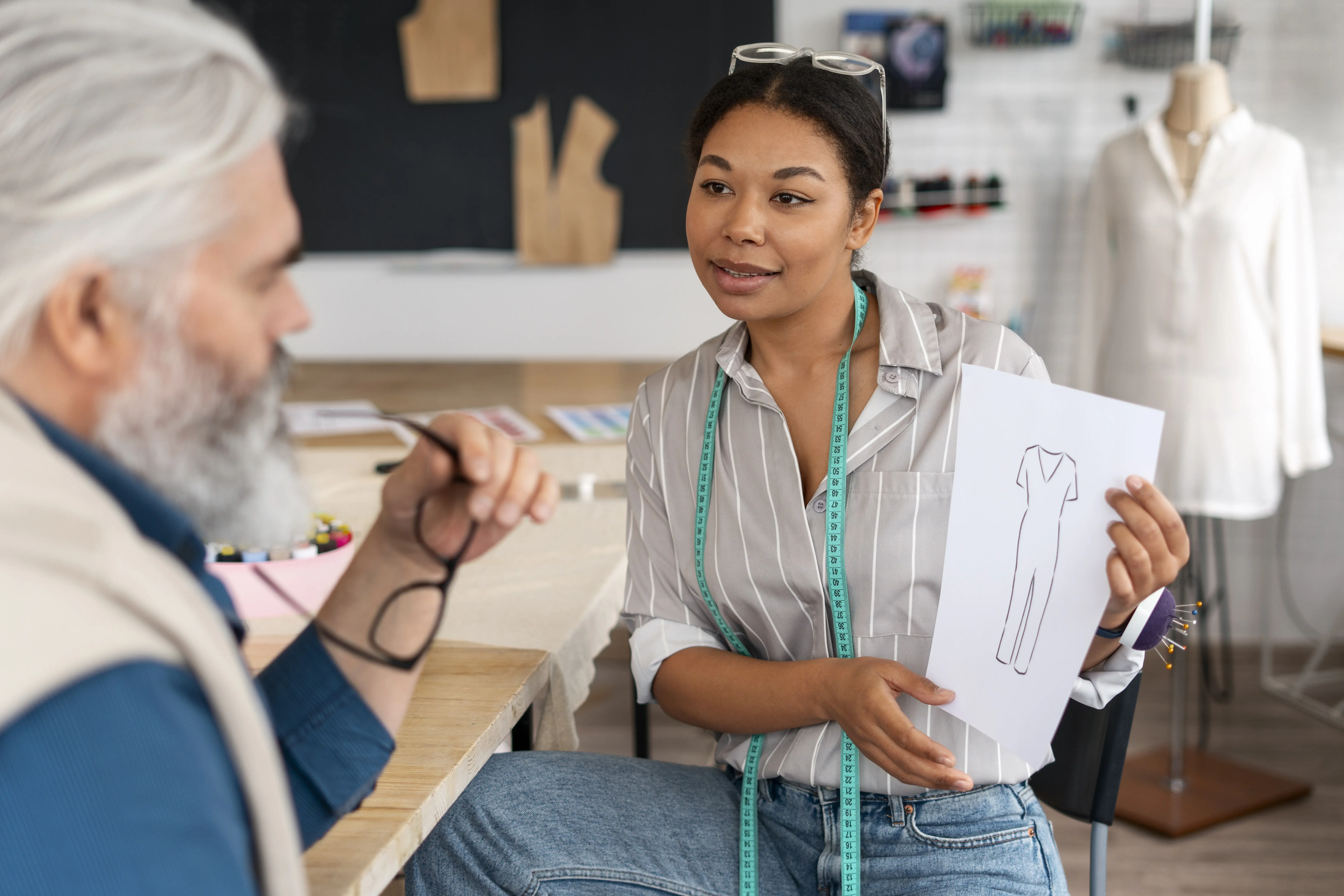 Porträt einer Person beim Reparieren von Kleidung und beim Instandsetzen von Materialien