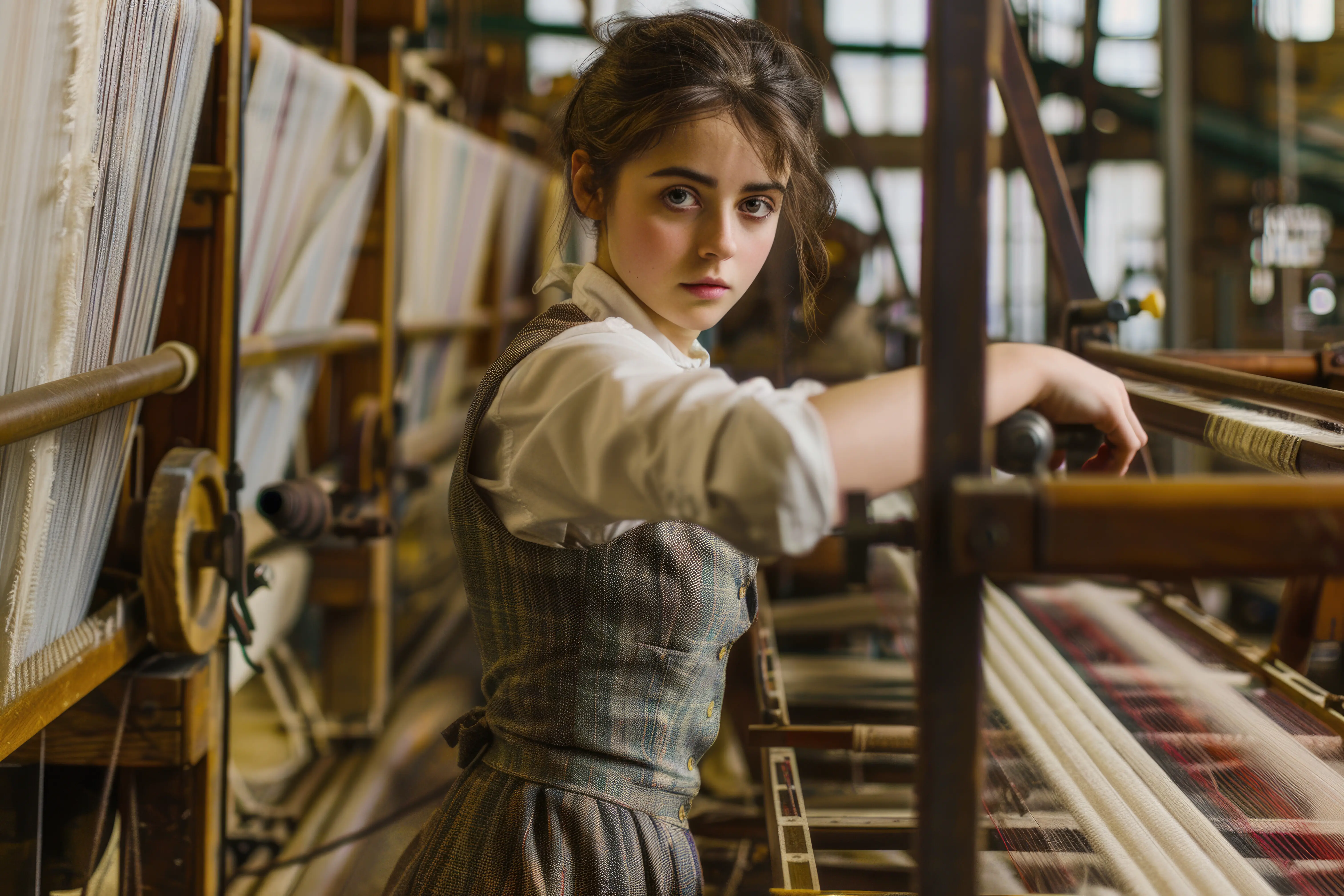 Eine junge Frau in Arbeitskleidung bedient einen Webstuhl in einer belebten Fabrik.