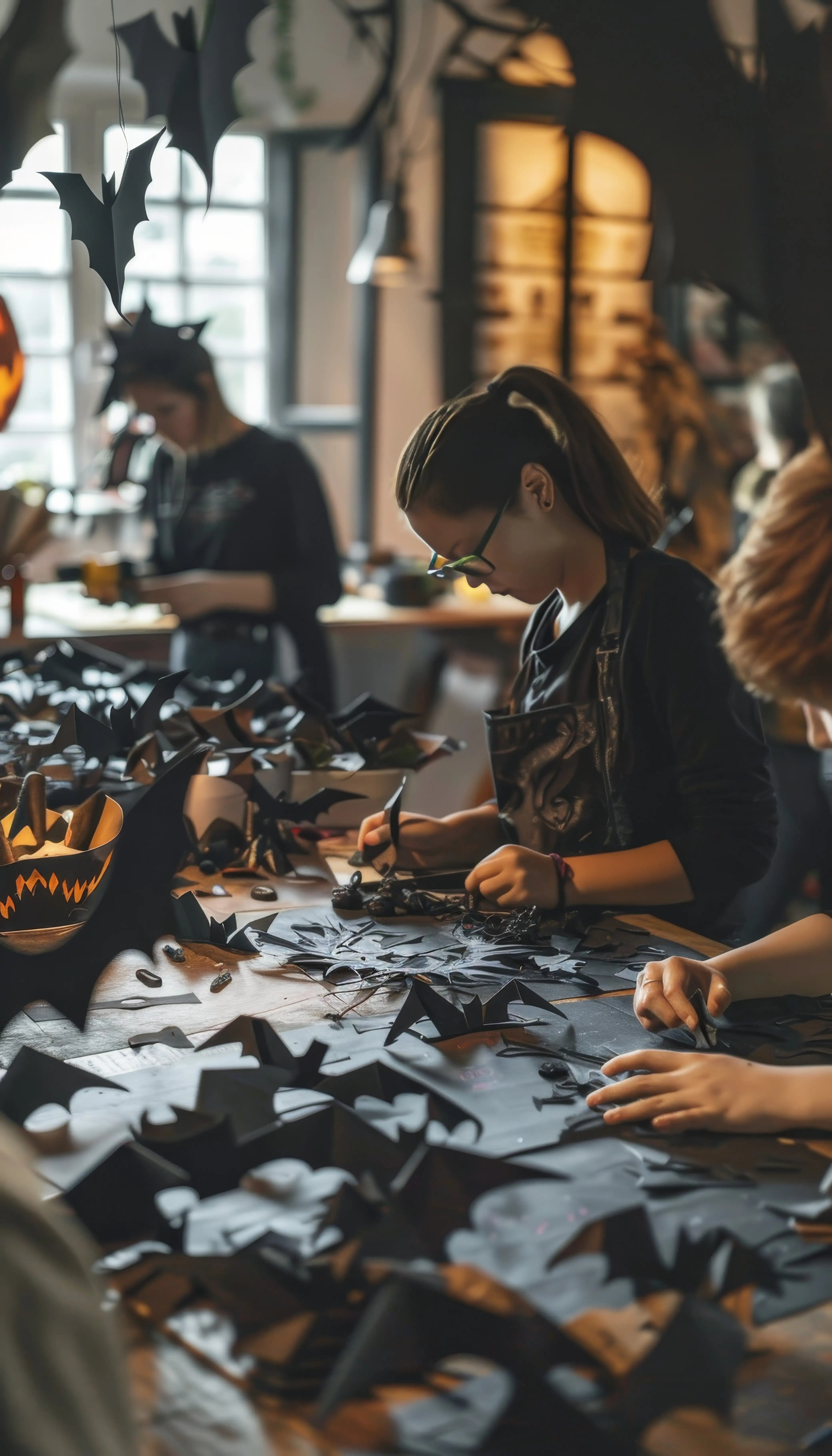 Traditioneller Halloween-Bastelworkshop mit Papierfledermäusen und -geistern in einem Ambiente im Vintage-Stil.